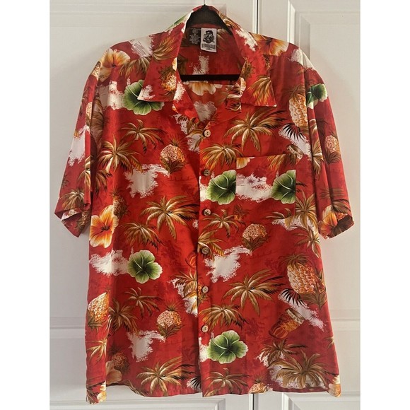 Kennington Ltd Hawaiian Shirt Size XL Red w Floral Pineapples and Drums Unisex - Picture 1 of 5